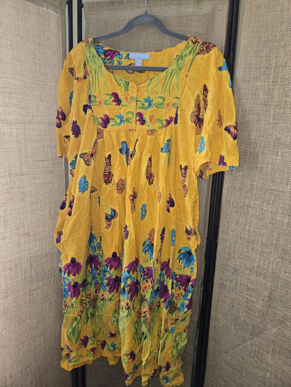 NWOT Women's Only Necessities Yellow Floral Butterfly Kaftan Robe Loungewear 1X